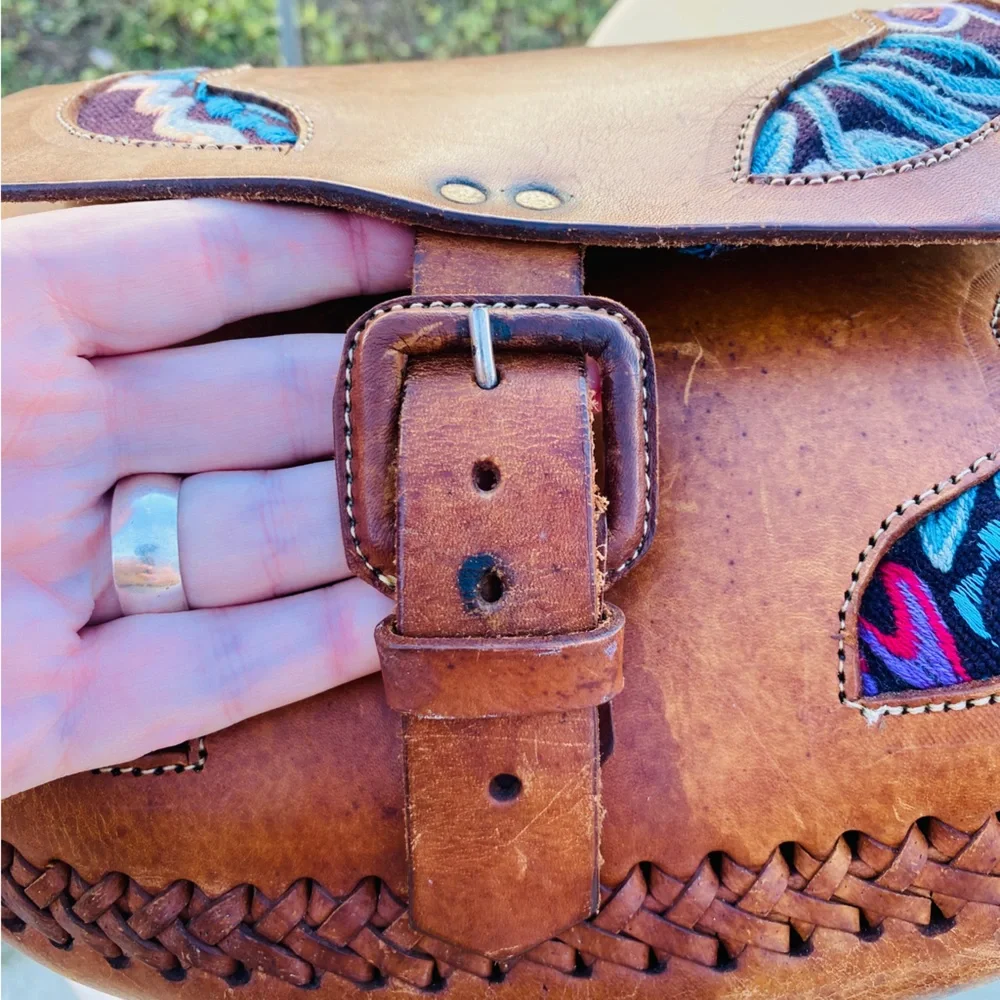 Tooled leather flap top brown crossbody bag handmade bohemian hippie